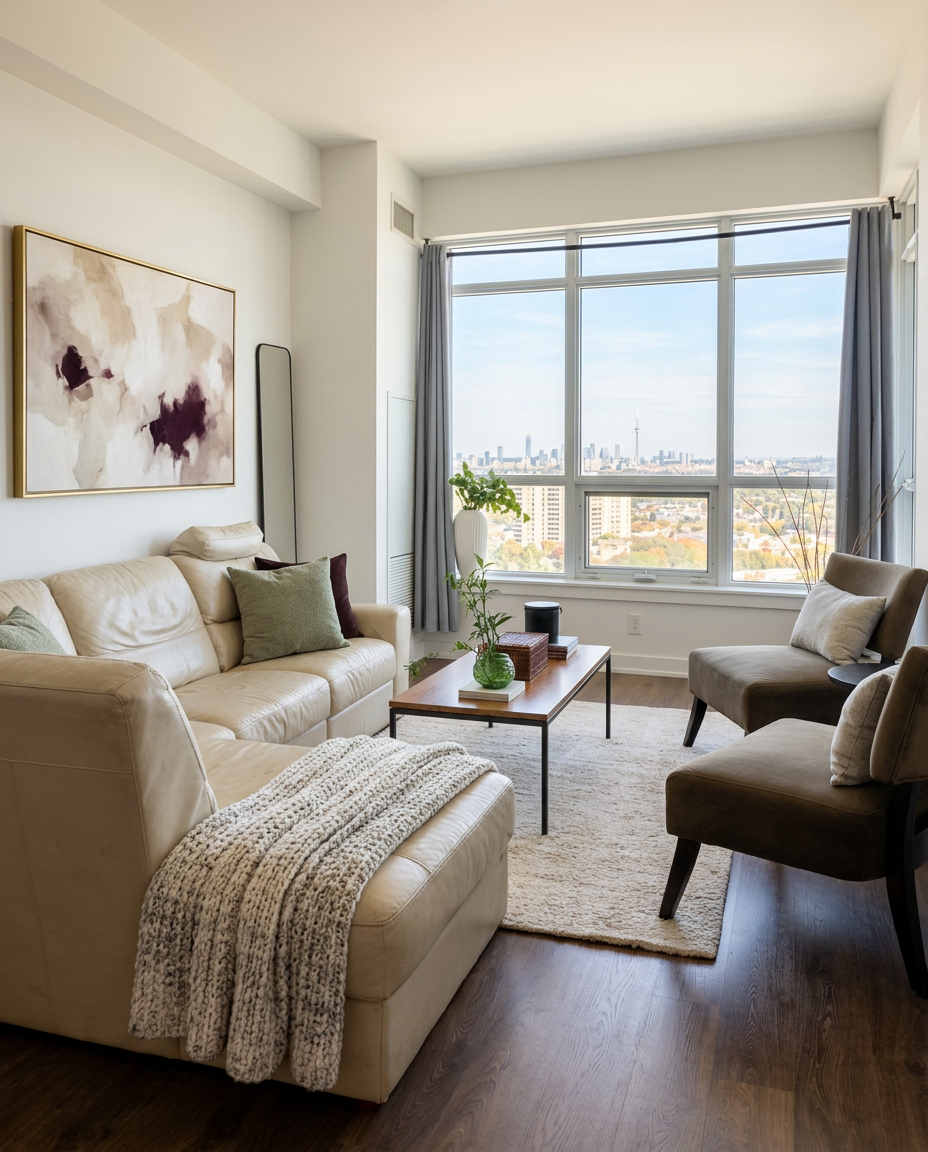 A styled condominium living room with one large artwork above the sofa