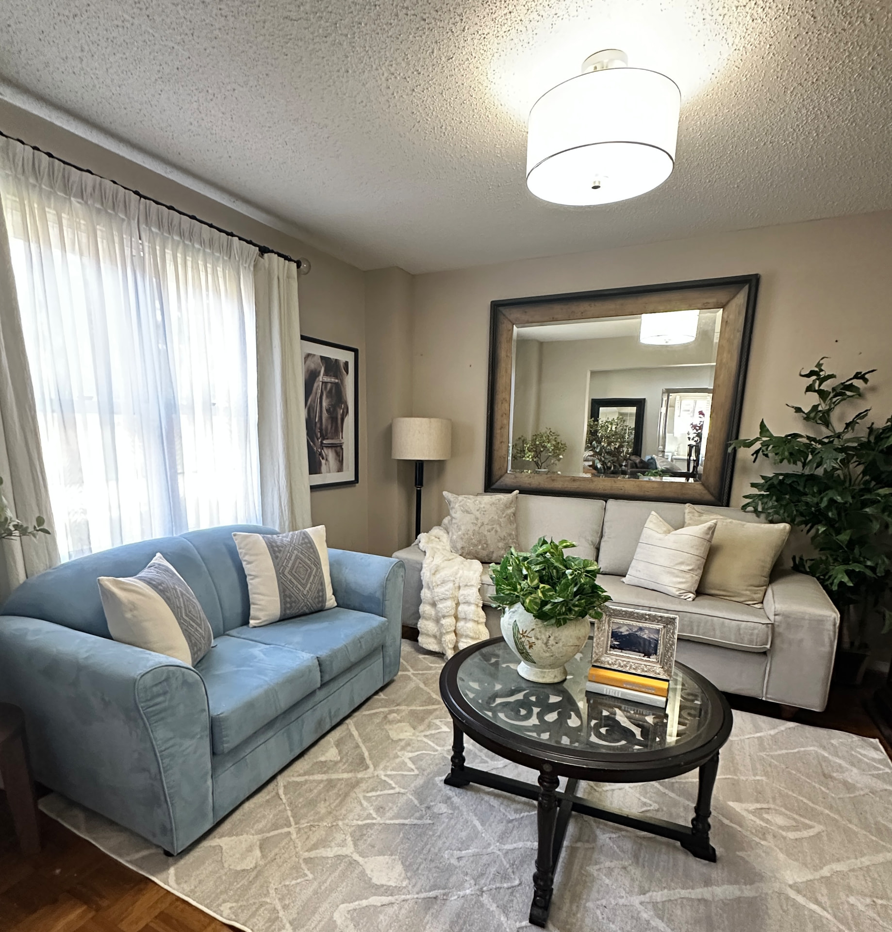 After Natalya's room refresh: a blue loveseat, neutral sofa, patterned rug, glass coffee table and greenery beneath the existing mirror